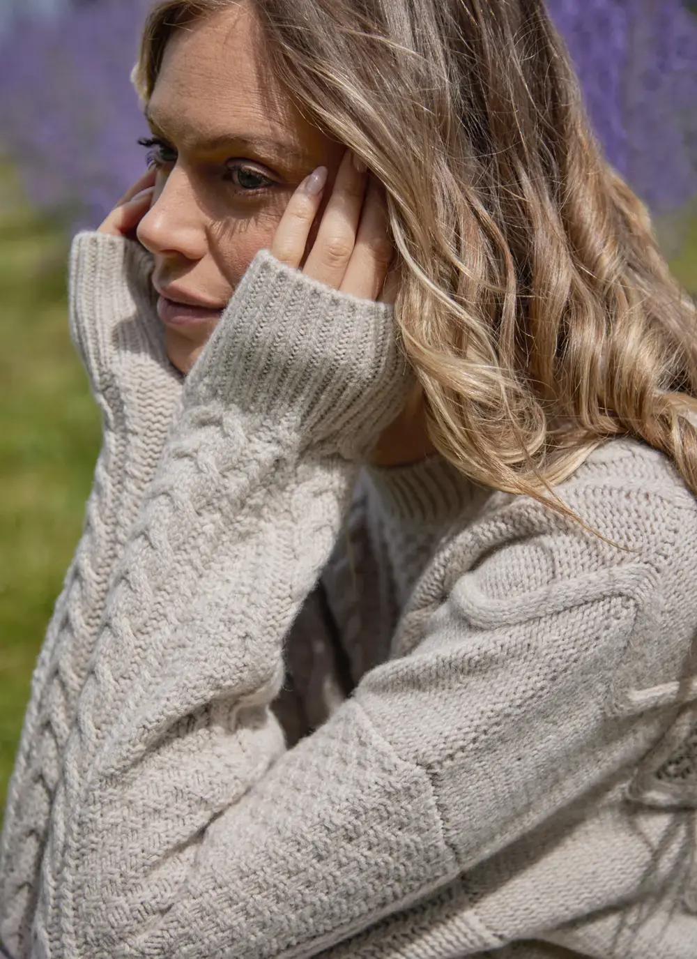 Fisherman Lambswool Aran Sweater in Stone | Blarney